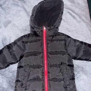 Black Puffer Jacket with Red Zipper